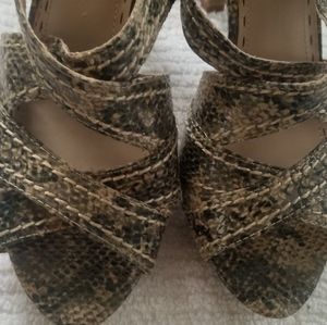 Women's  snake skin shoes cork heel shoes . Open toe ,Attention brand size 9